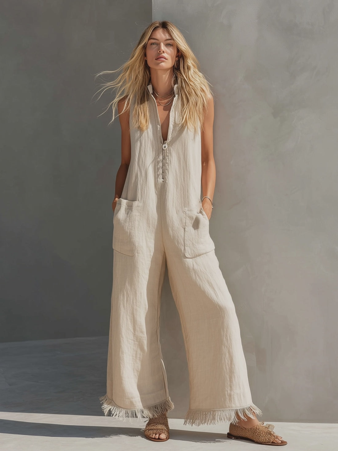 Casual Urban Beige Fringed Cotton-Linen Jumpsuit