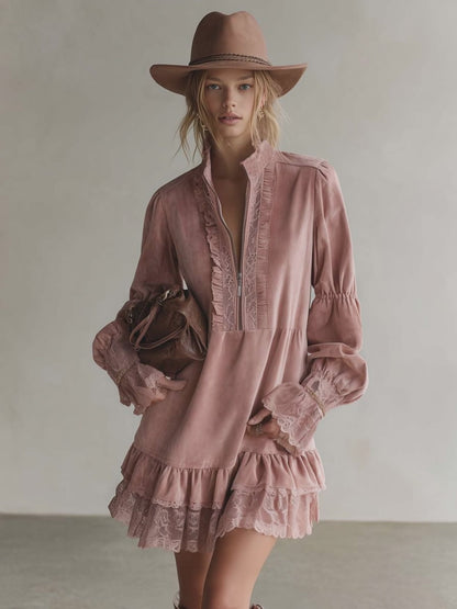 Elegant Vintage Western Lapel Front-zip Lace Trim And Ruffled Hem Pink Suede Mini Dress