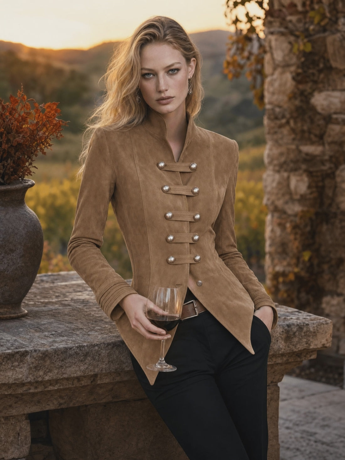 Camel Faux-Suede Stand-Collar Silver-Button Fitted Tailored Military Jacket Women