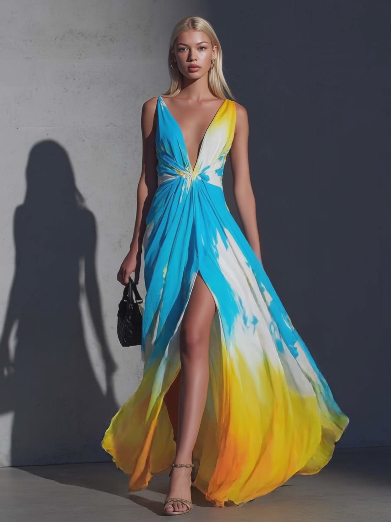Vacation Flowy V-Neck Contrast Abstract Print Chiffon Slit Maxi Dress