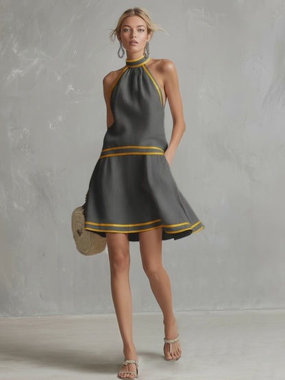 Elegant Color-Block Trim Orange Cotton-Linen Halter Sleeveless Mini Dress