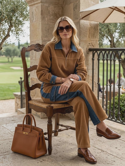 Casual Retro Blue Denim Patchwork Camel Corduroy Half-zip Top And Cargo Pants Set