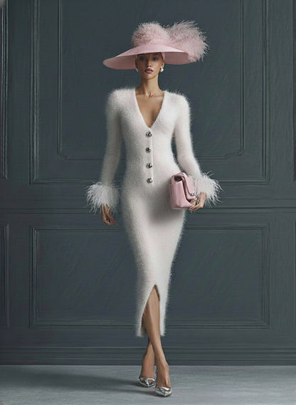 White Mohair V-neck Button Imitation Ostrich Feather Midi Dress