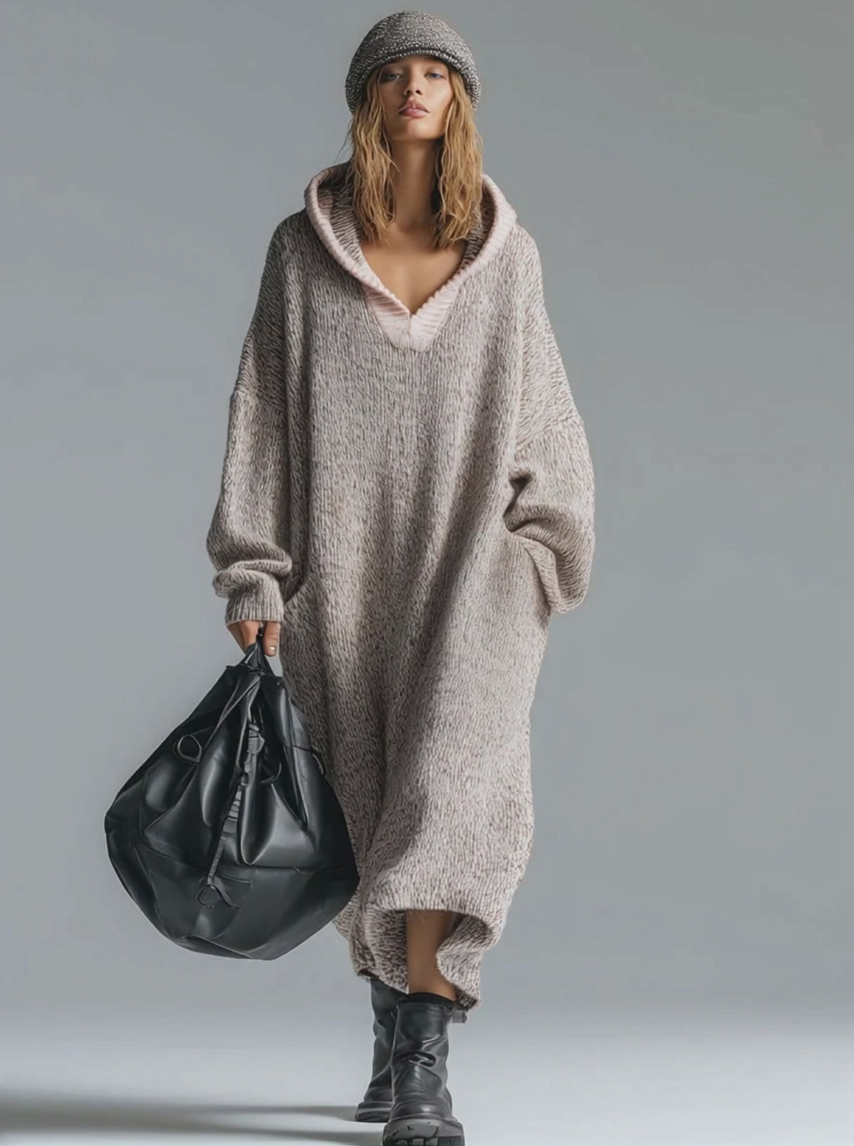 Fashion Loose Retro Trimmed Floral Gray Hooded Knitted Midi Dress