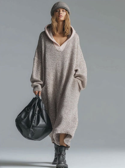 Fashion Loose Retro Trimmed Floral Gray Hooded Knitted Midi Dress