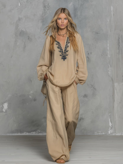 Retro Vacation Style V-neck Embroidered T-shirt And Flared Pants Set