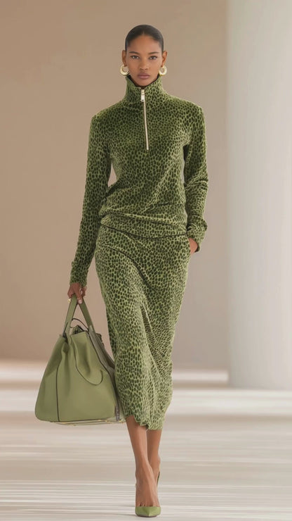 Sports Retro Leopard Print Stand Collar Velvet Top + Skirt Set