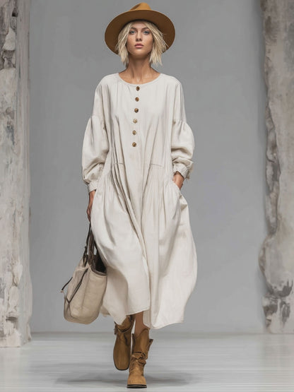 Loose Round-neck Button-front Double-pocket Cotton Long-sleeved Midi Dress
