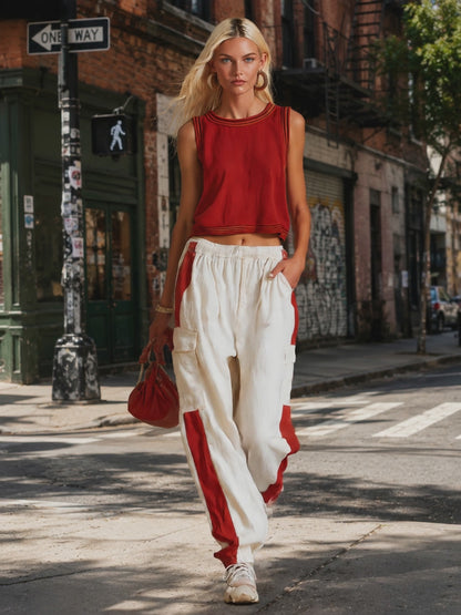 Casual &amp; Stylish Red Vest And White Cargo Pants Cotton-Linen Set