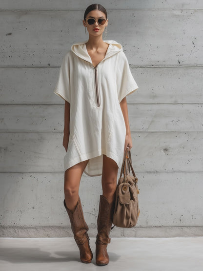 Casual Retro White Cotton Linen Short-sleeved Hooded Mini Dress