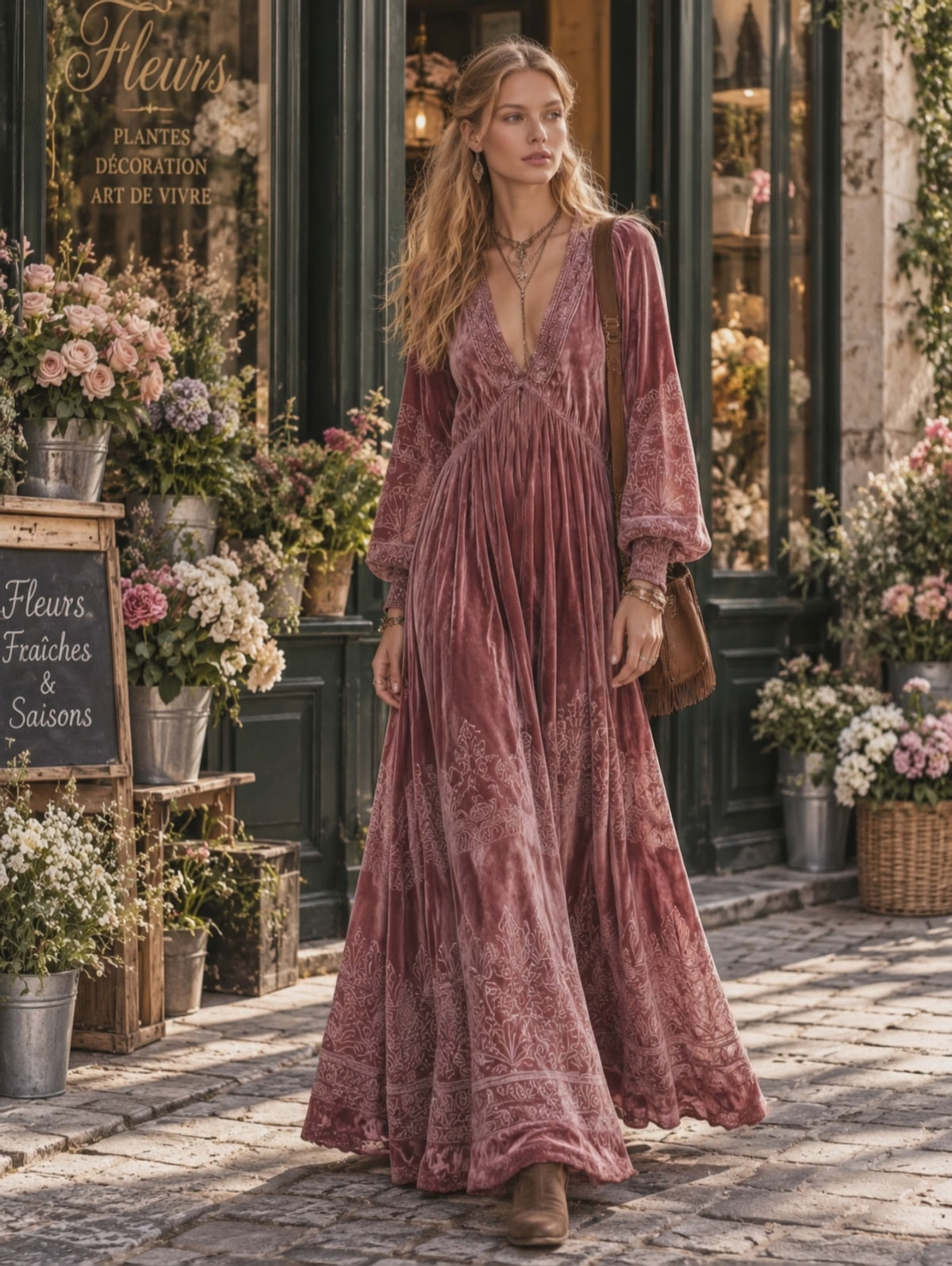 Vintage-style Dusty Pink Printed V-neck Velvet Maxi Dress