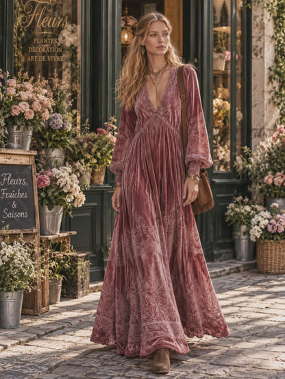 Vintage-style Dusty Pink Printed V-neck Velvet Maxi Dress