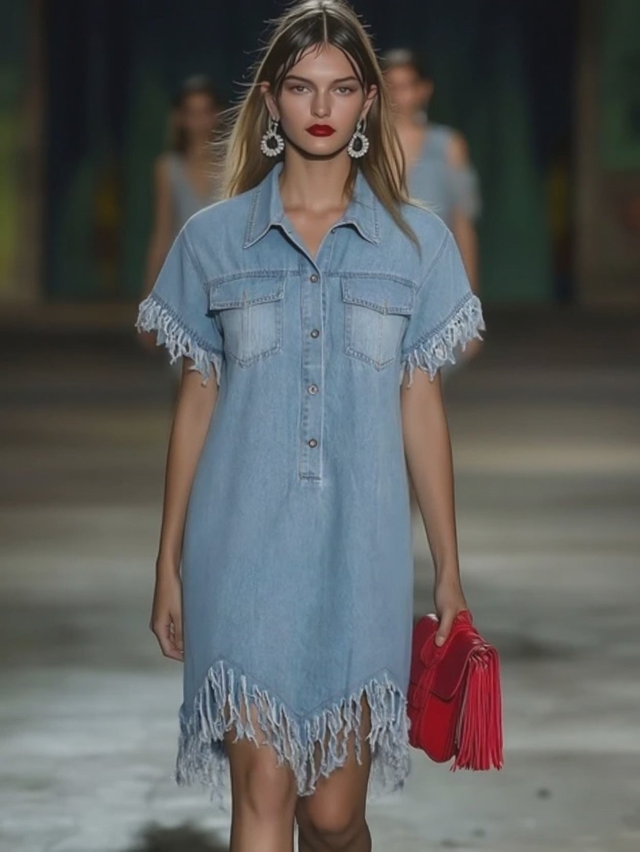 Casual Loose Vintage Denim Short Sleeve Shirt Tassel Mini Dress