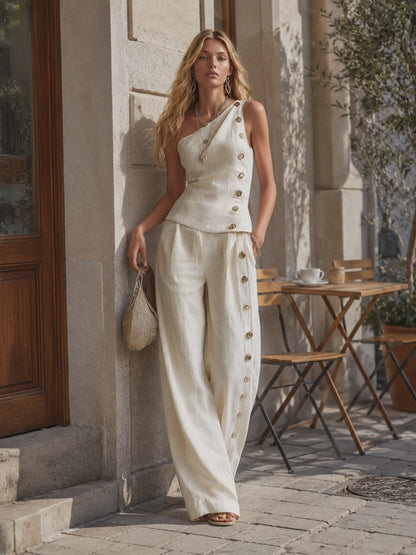 Urban Minimalist Off-White One-Shoulder Button-Detail Top &amp; Wide-Leg Linen Trousers Set