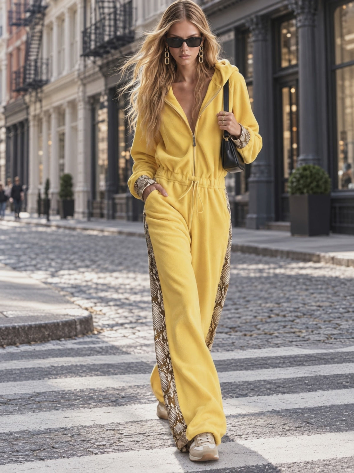 Retro Cozy Snake Print Panel Hooded Zip-Up Fleece Drawstring Wide Leg Jumpsuit