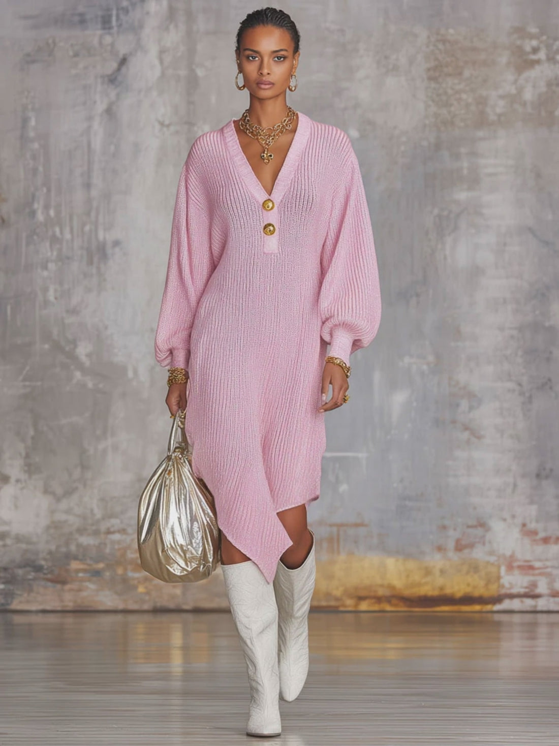Pink V-neck Button-up Irregular Knit Long-sleeved Midi Dress