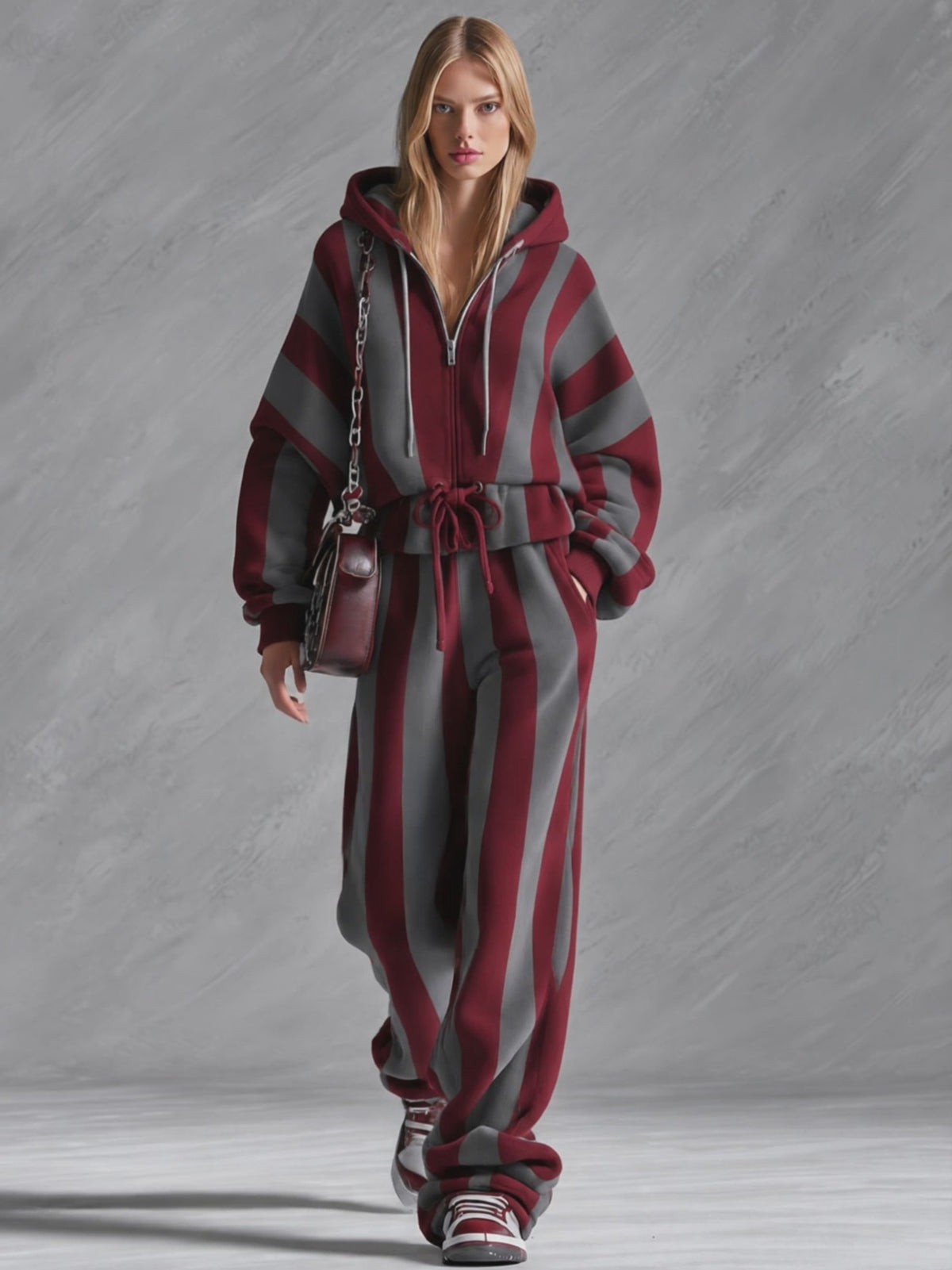 Retro Sporty Red And Gray Striped Zippered Ruffled Cotton Top And Pants Set