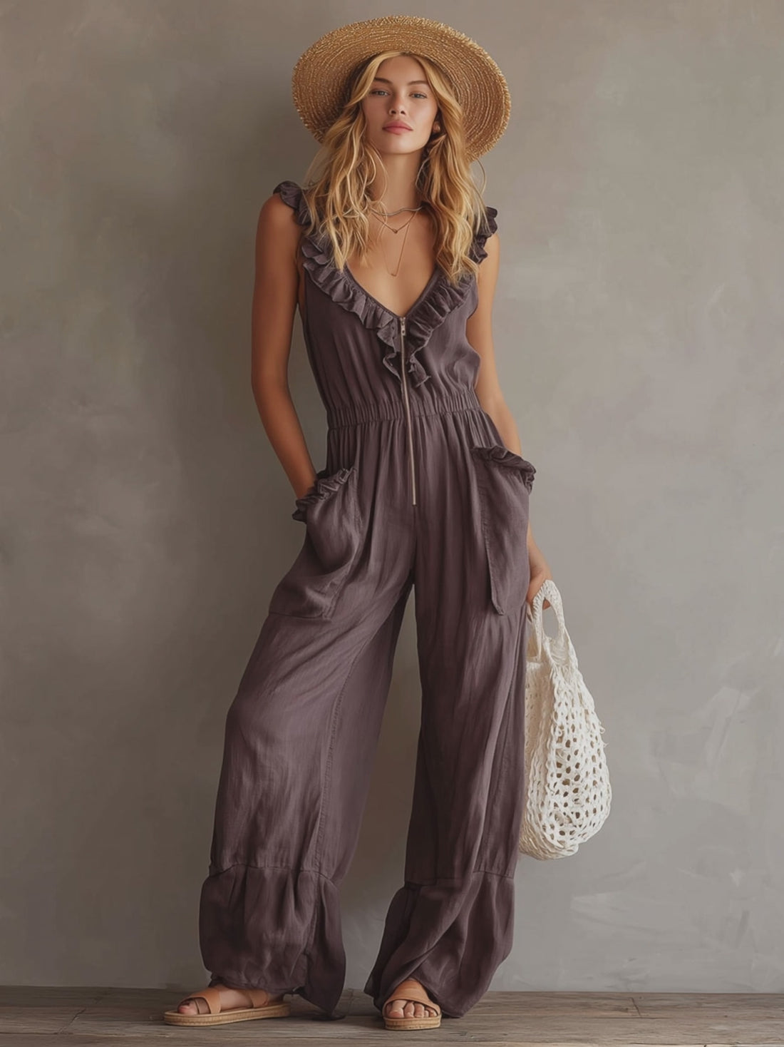 Fashionable Retro Gray-purple Cotton Linen Sleeveless Ruffled Wide-leg Jumpsuit