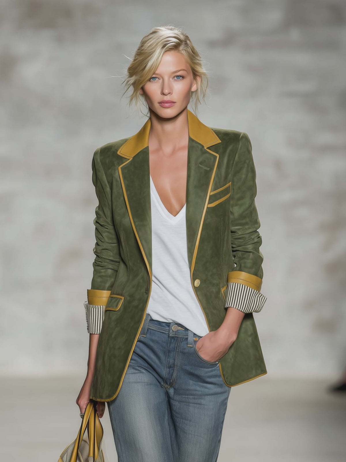 Vintage Equestrian Olive Green Suede Blazer With Contrast Trim And Striped Cuffs