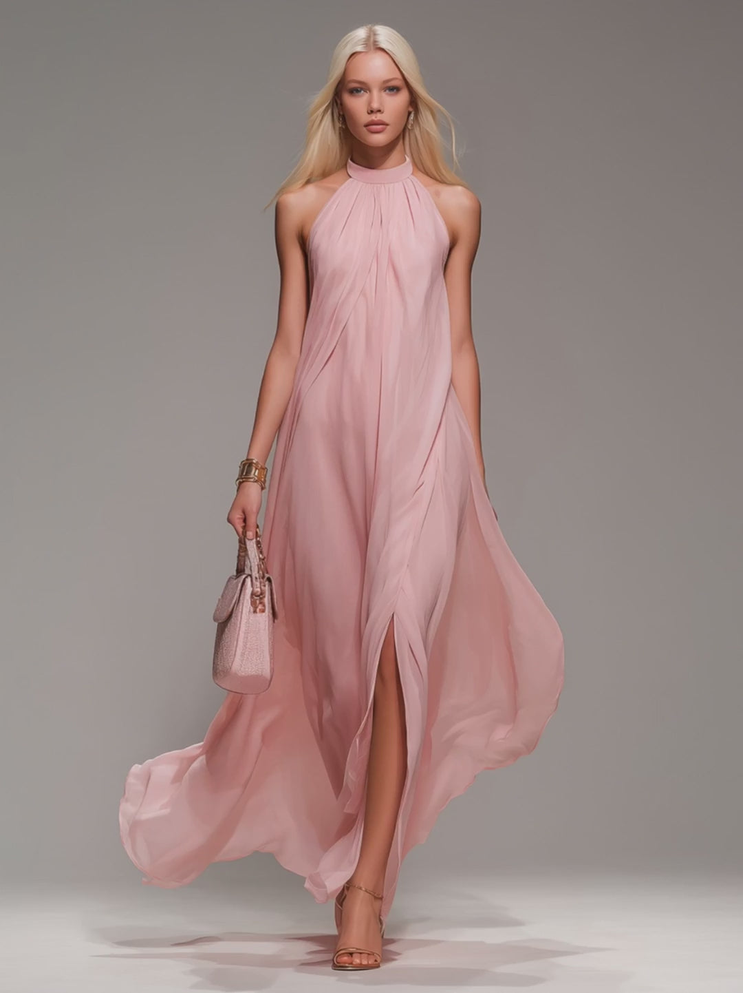 Comfortable And Elegant Halter Neck Sleeveless Slit Chiffon Maxi Dress