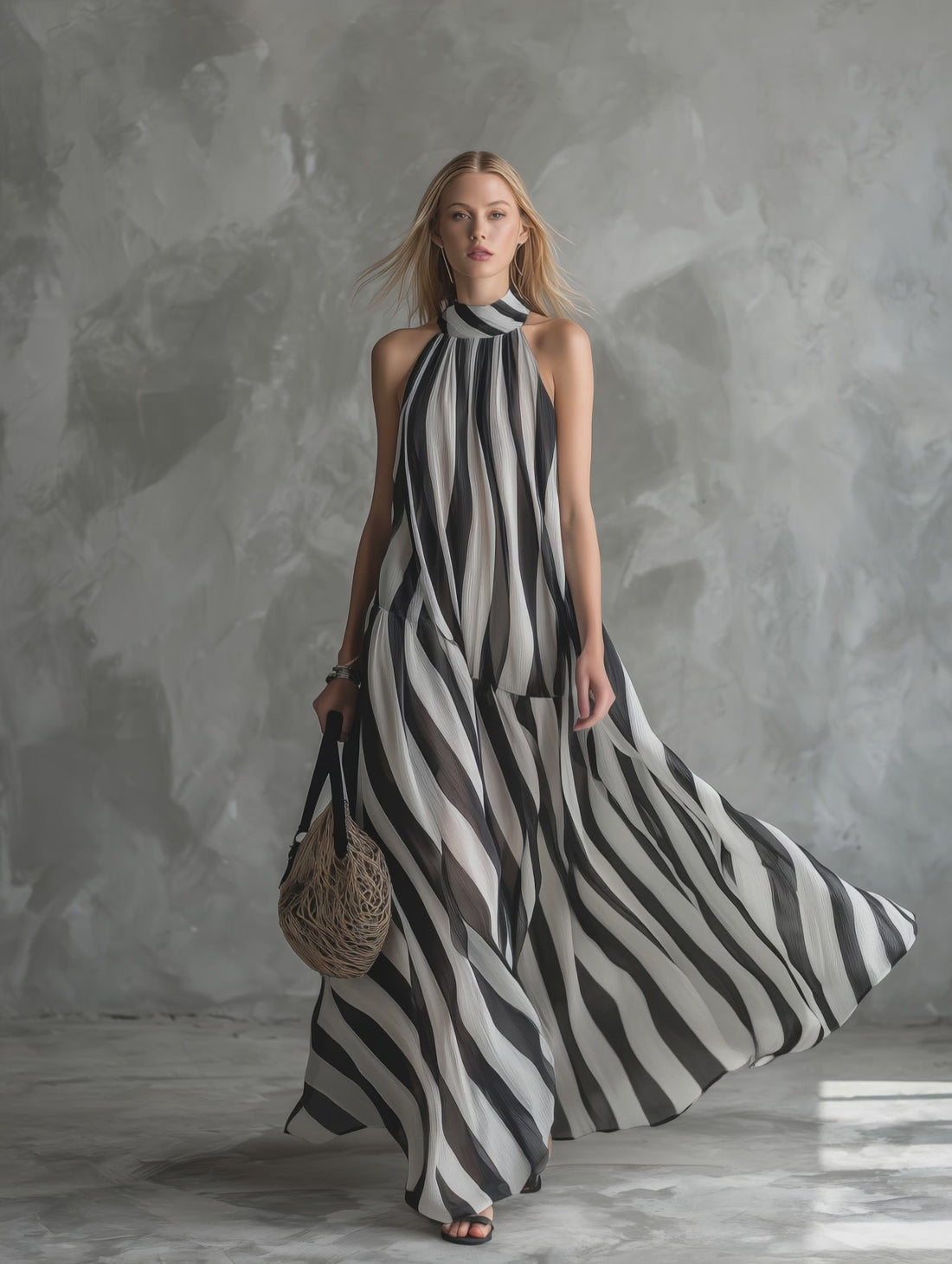 Stylish Relaxed Resort-style Stand-collar Striped Chiffon Maxi Dress