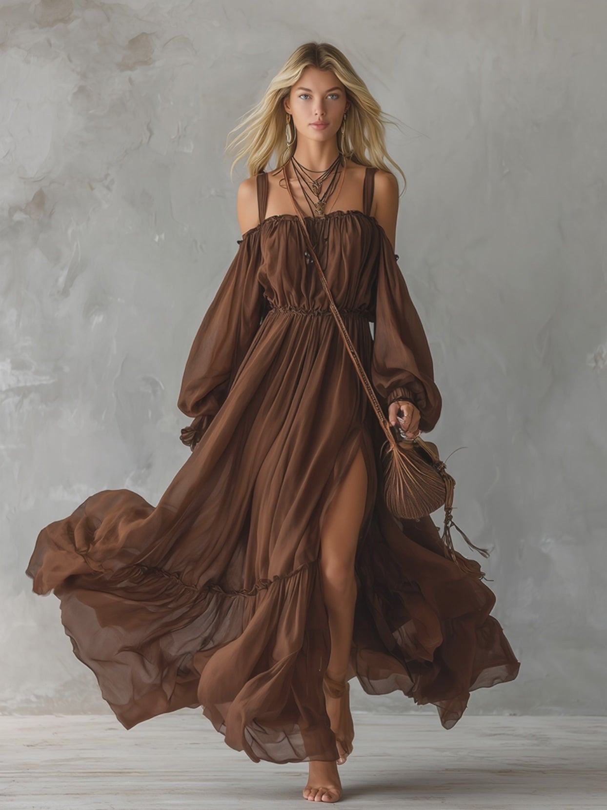 Classic And Elegant Brown Chiffon Off-the-shoulder Long-sleeved Maxi Dress