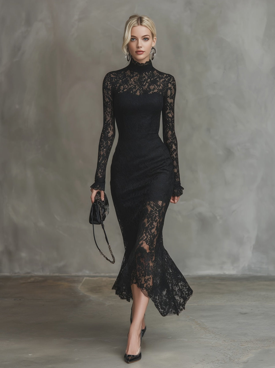 Elegant Party Black Stretch Lace Fishtail Maxi Dress