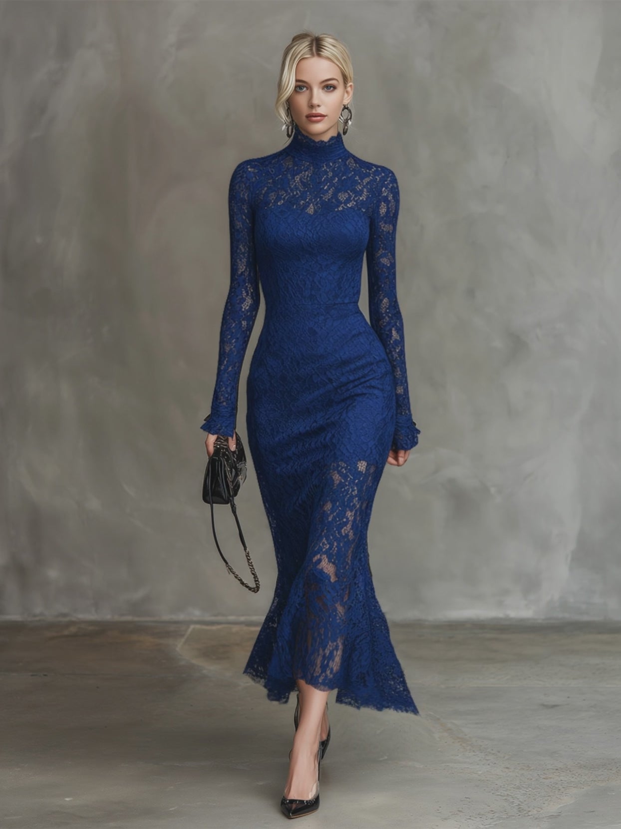 Elegant Party Black Stretch Lace Fishtail Maxi Dress