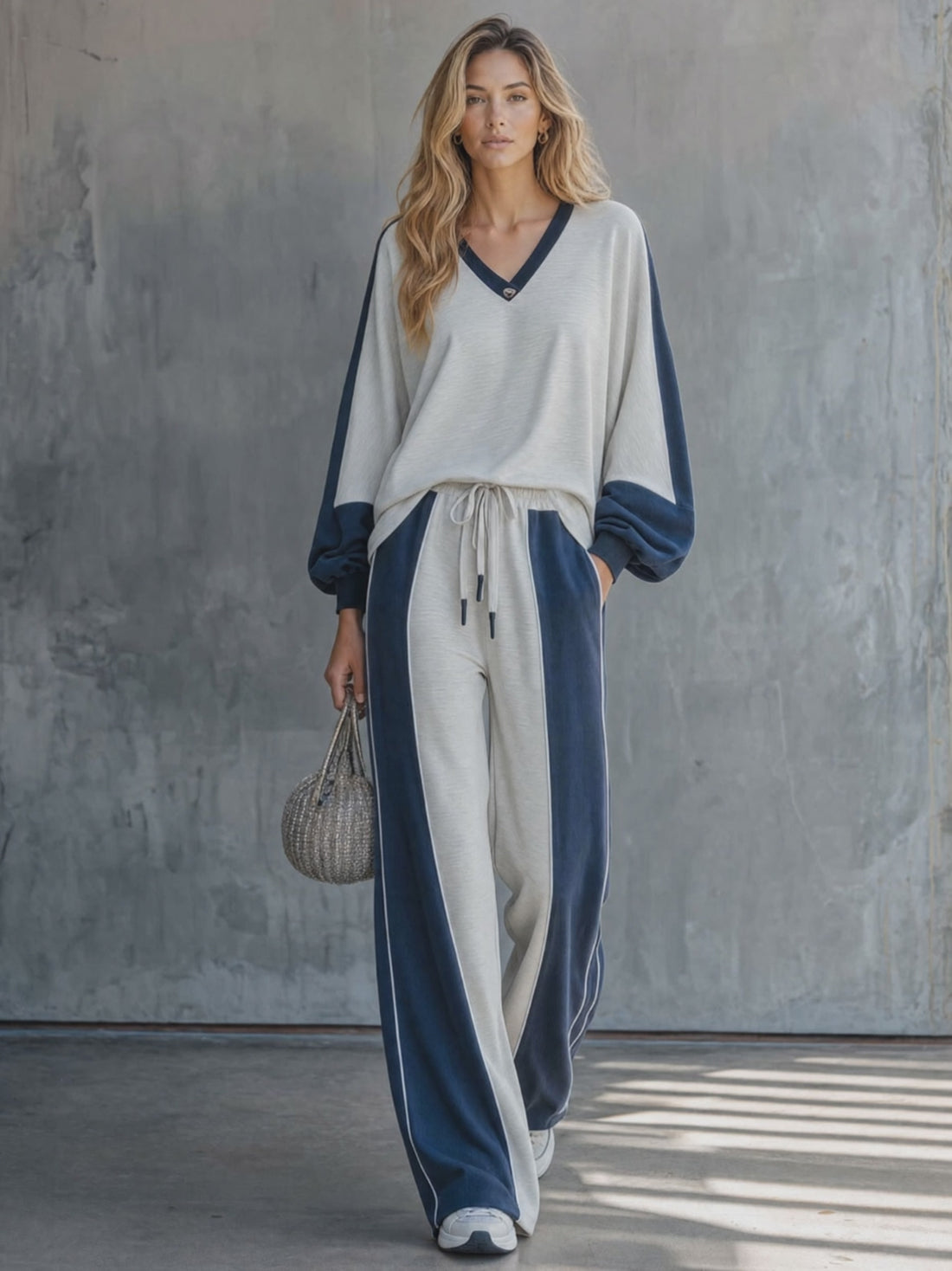 Casual Retro Color-blocked V-neck Long-sleeved Sweatshirt And Pants Set