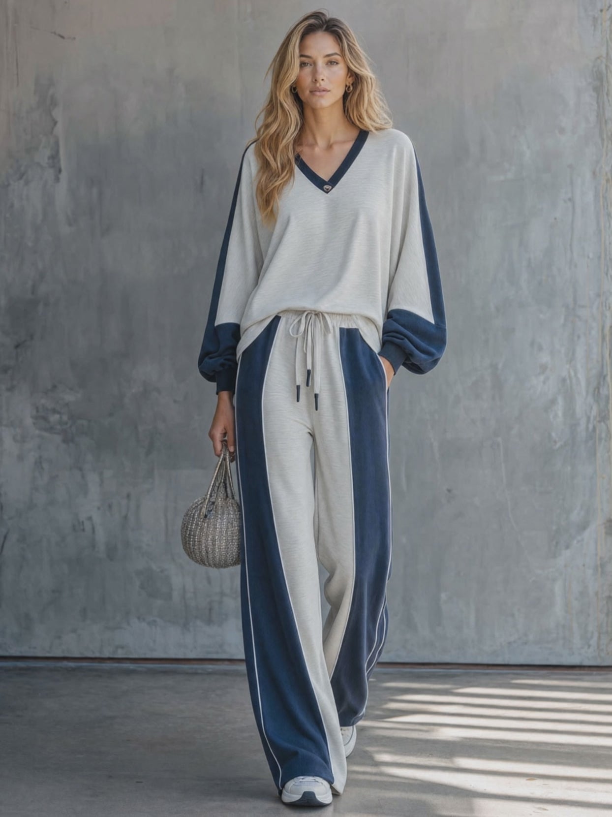 Casual Retro Color-blocked V-neck Long-sleeved Sweatshirt And Pants Set