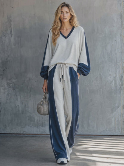 Casual Retro Color-blocked V-neck Long-sleeved Sweatshirt And Pants Set