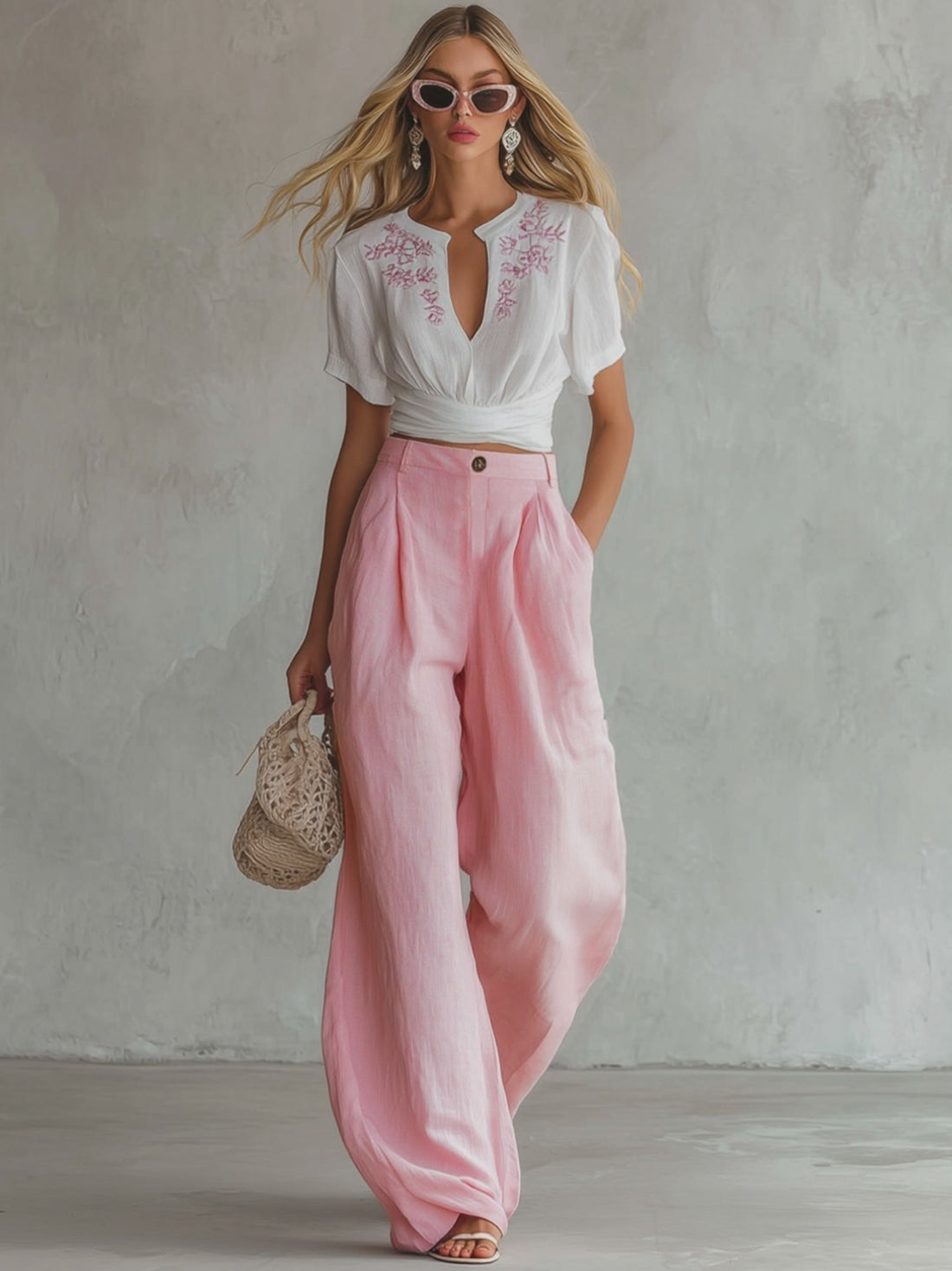 Cotton And Linen Embroidered Short-sleeved Top And Wide-leg Pants Set