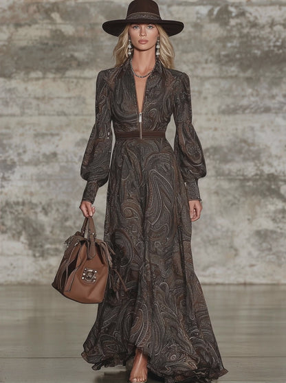 Fashion Retro Paisley Pattern Zipper Maxi Dress