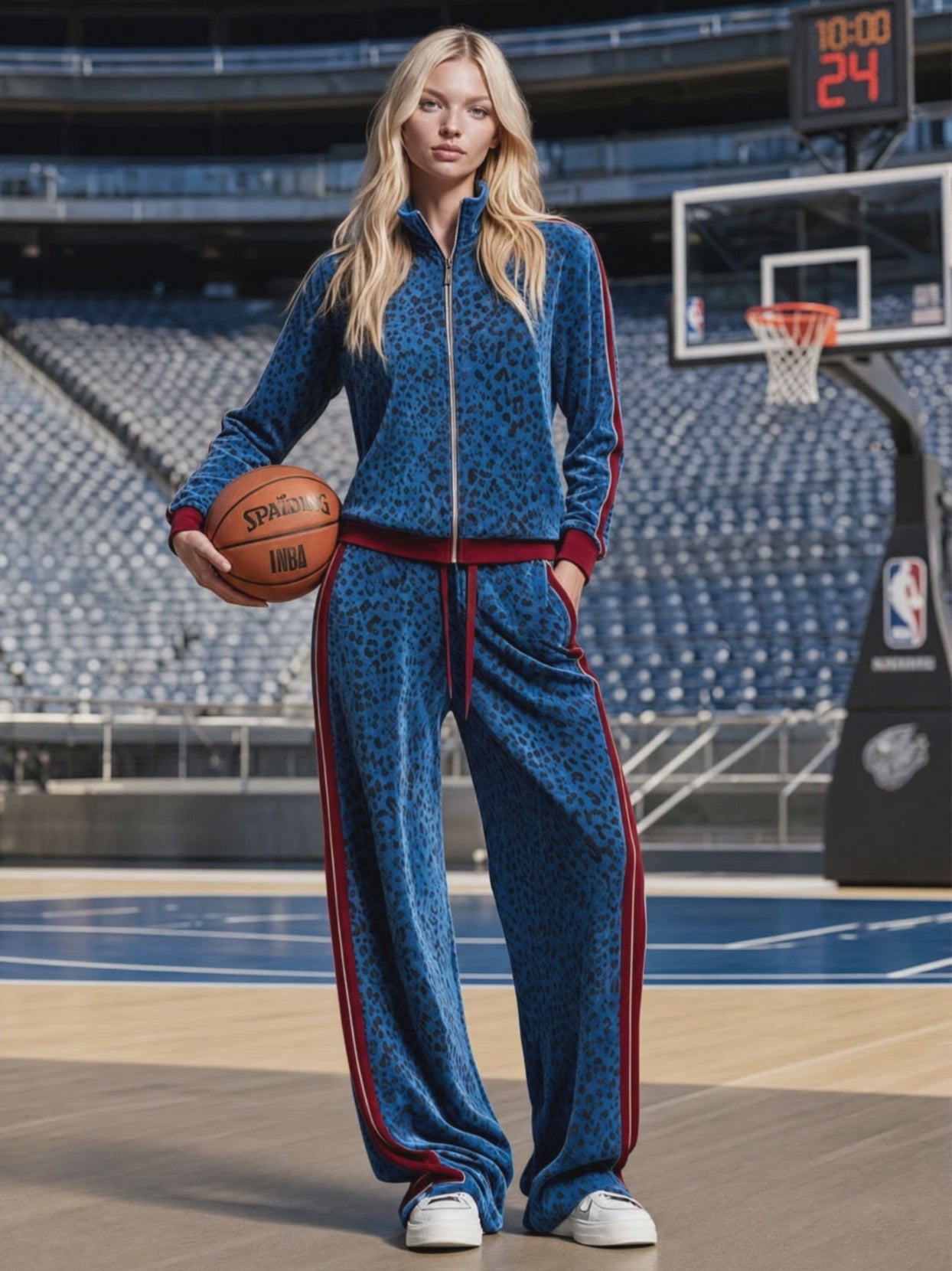 Casual Retro Zip-up Blue Velvet Leopard Print Jacket And Pants Set