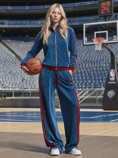 Casual Retro Zip-up Blue Velvet Leopard Print Jacket And Pants Set