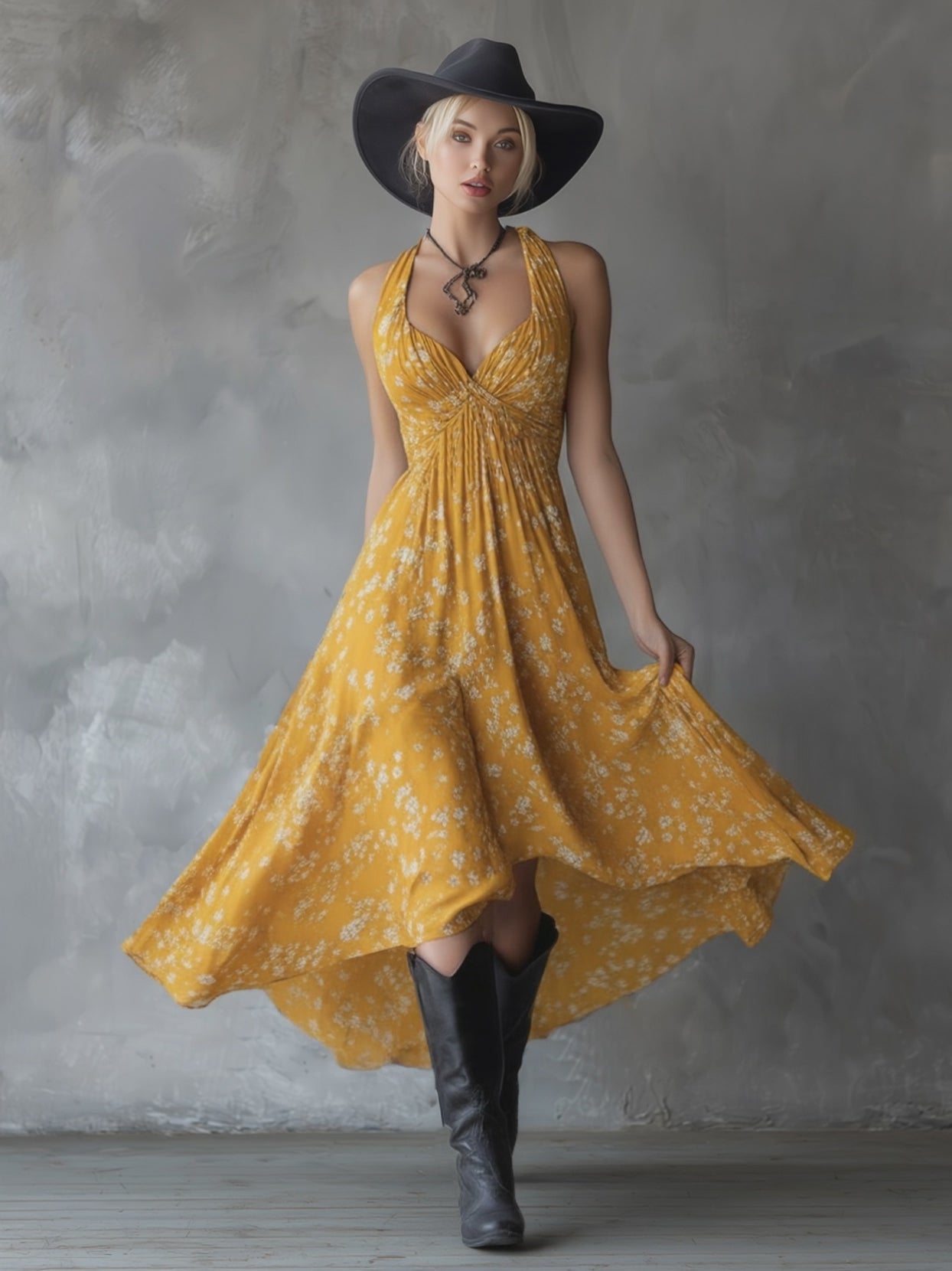 Retro Classic Floral Print Navy Blue Chiffon Sleeveless Maxi Dress