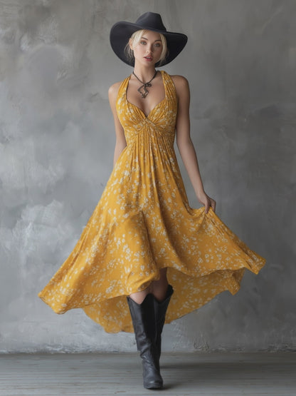 Retro Classic Floral Print Navy Blue Chiffon Sleeveless Maxi Dress