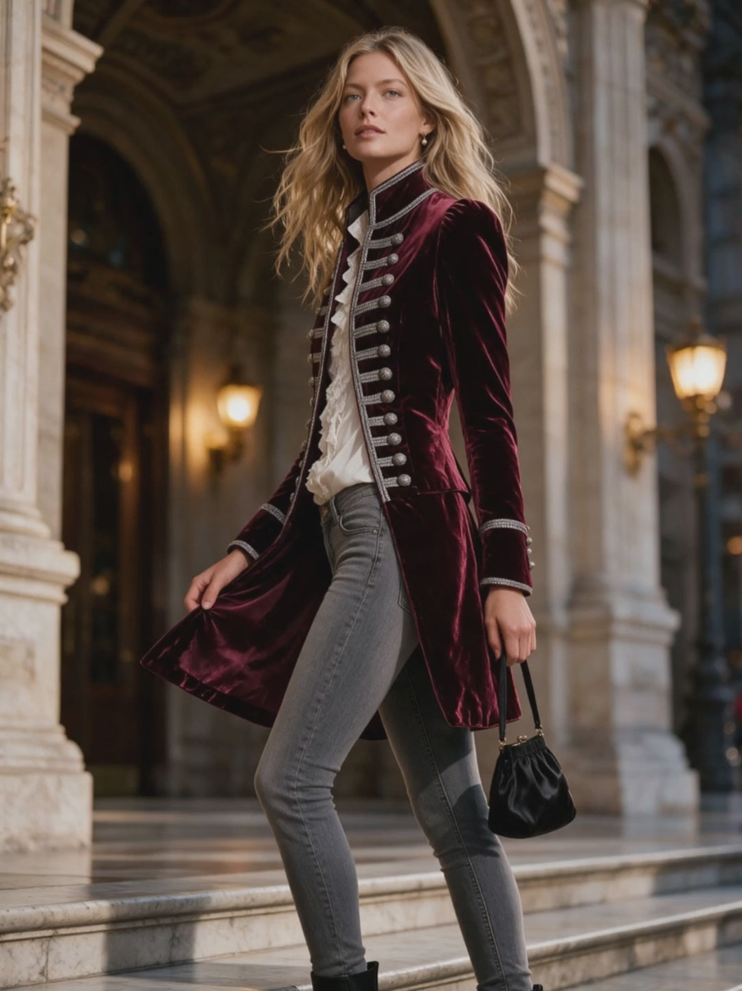 Retro Court Style Burgundy Velvet Military Coat