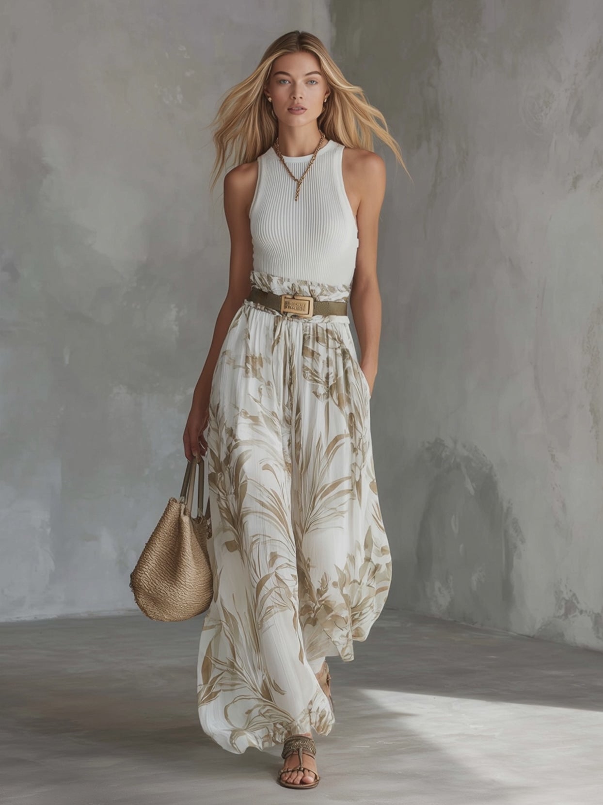 Elegant White Breathable Knit Tank Top Printed Chiffon Wide-Leg Pants Set