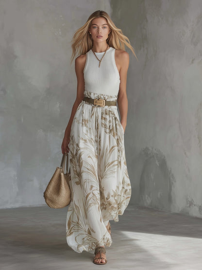 Elegant White Breathable Knit Tank Top Printed Chiffon Wide-Leg Pants Set