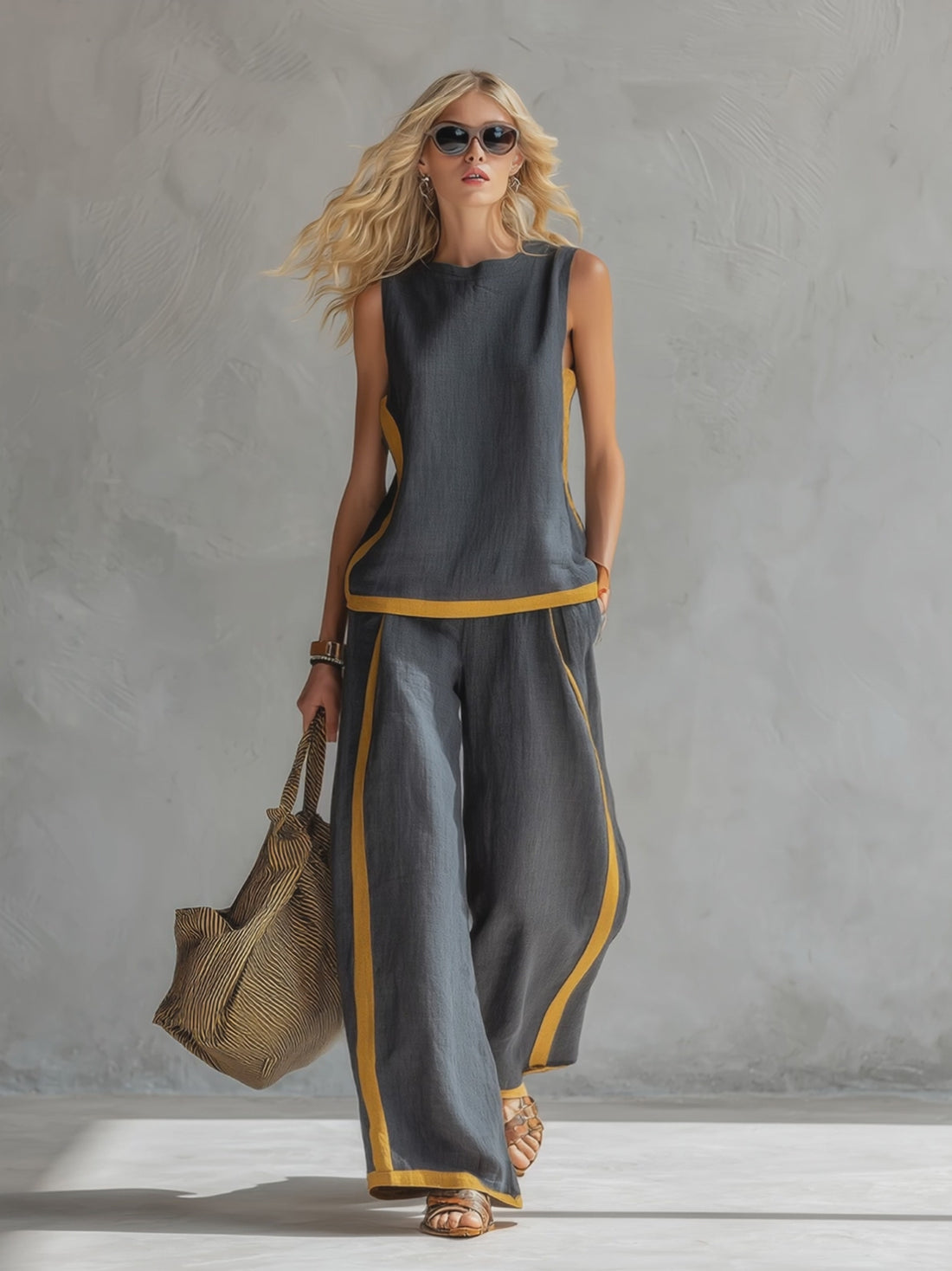 Elegant And Casual Two-tone Trim Gray Cotton And Linen Vest And Pants Set