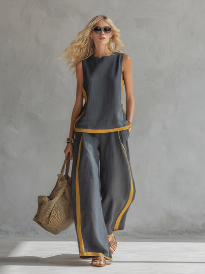 Elegant And Casual Two-tone Trim Gray Cotton And Linen Vest And Pants Set