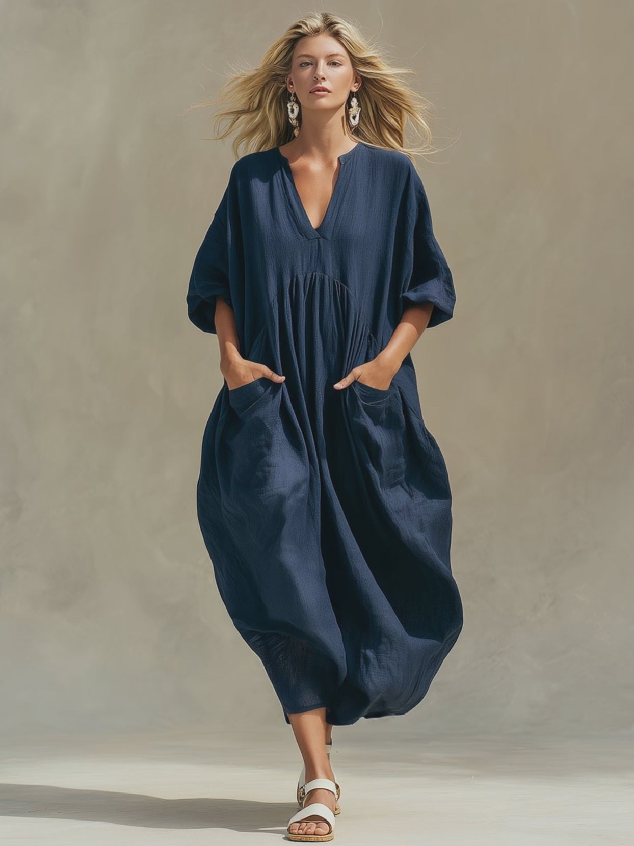 Casual Loose-Fitting Blue Short-Sleeved Cotton And Linen Midi Dress