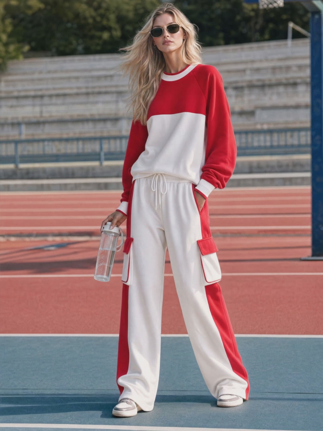 Fashionable Sporty Red And White Color-blocked Sweatshirt And Pants Set