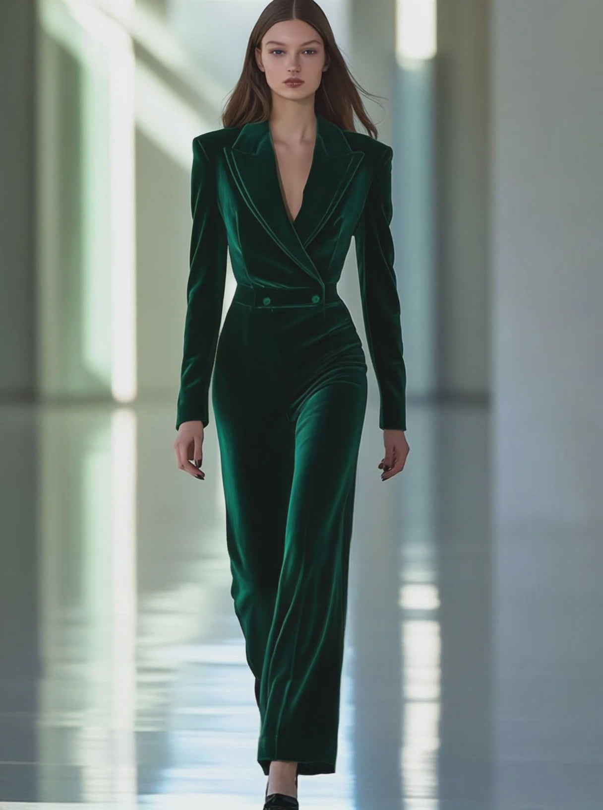 【24-hour shipping out】Casual Loose Retro Green Velvet Double-Layer Lapel Long-Sleeved Jumpsuit