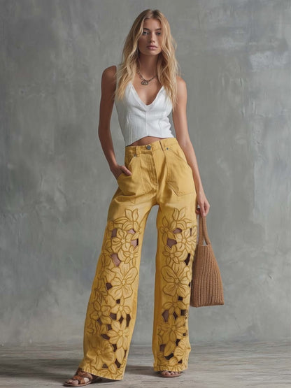 Solara Butter Yellow Floral Cutout Denim Pants