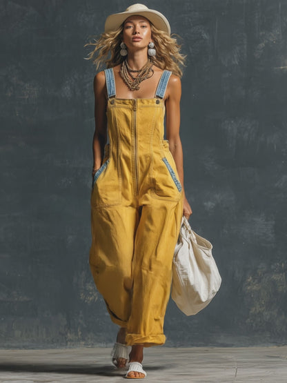 Western Retro Blue And Yellow Denim Vest-style Zip-up Jumpsuit
