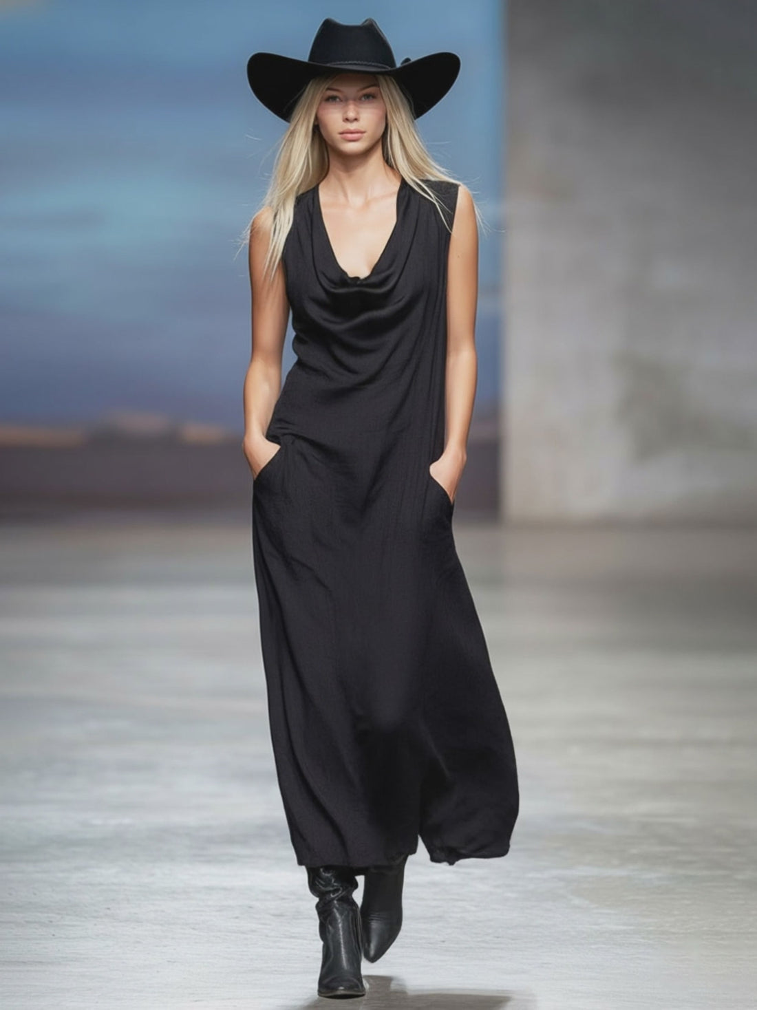 Black V-neck Double-pocket Cotton And Linen Blend Sleeveless Maxi Dress