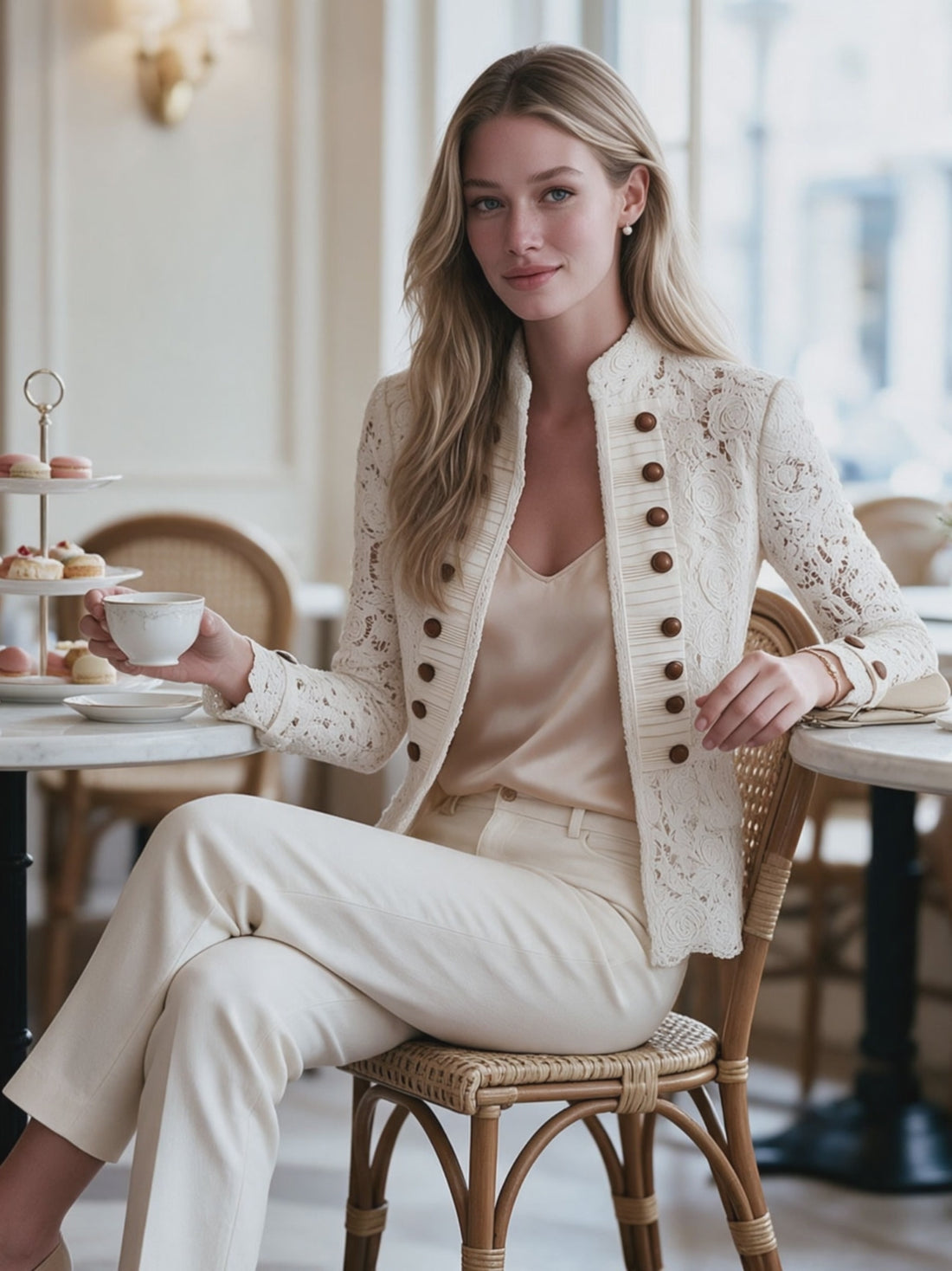Retro White Stand-up Collar Double-breasted Lace Jacket