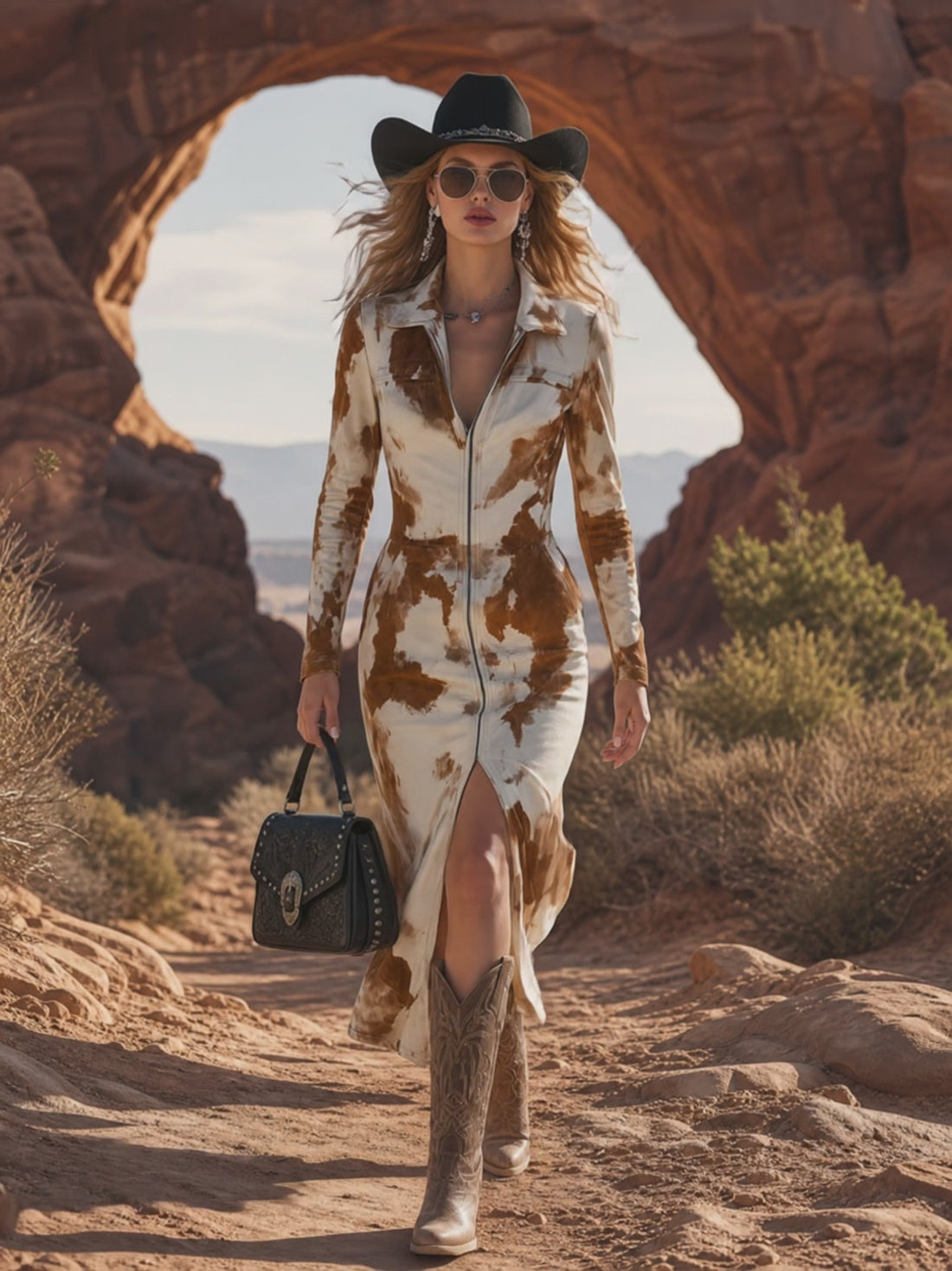 Western Retro Cow Print Faux Suede Brown Long-Sleeved Midi Dress